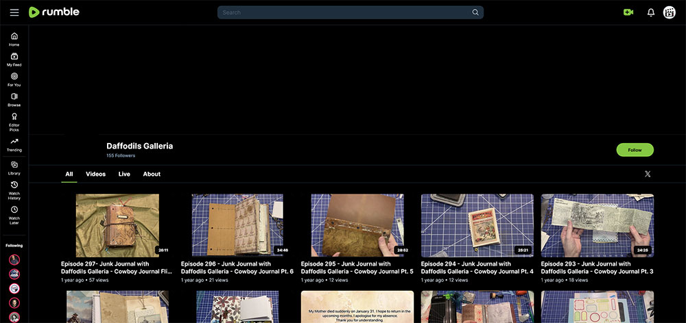 "Daffodils Galleria" Rumble Junk Journaling video channel home page screenshot.