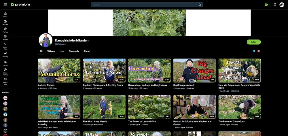 DanusIrishHerbGarden - Rumble gardening channel home page screenshot.