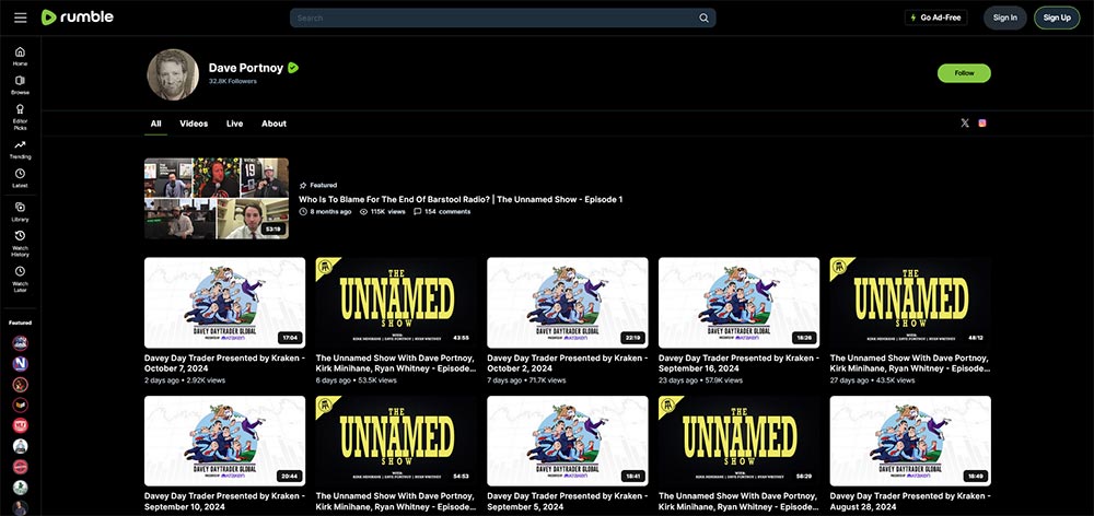 Dave Portnoy - Rumble Finance Investing video channel home page screenshot