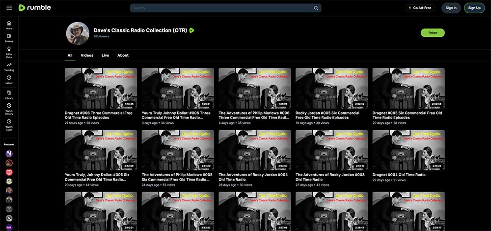 Dave's Classic Radio Collection (OTR) - Rumble Old Time Radio video channel home page screenshot.