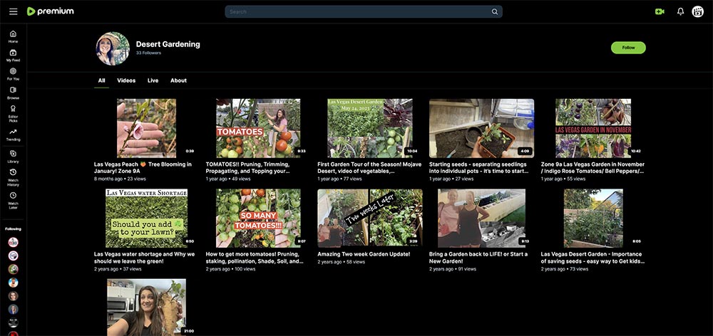 Desert Gardening - Rumble gardening channel home page screenshot.