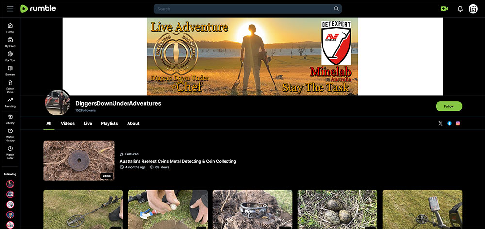 DiggersDownUnderAdventures - Rumble Metal Detecting channel home page screenshot.