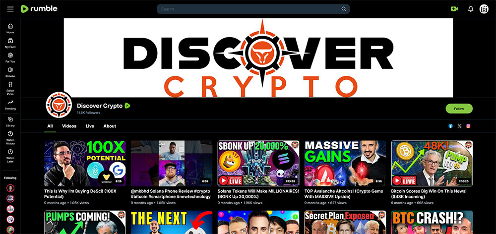 Discover Crypto - Rumble Cryptocurrency Bitcoin video channel home page screenshot.