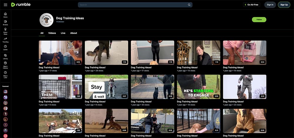 Dog Training Ideas - Rumble Dog Training video channel home page screenshot.