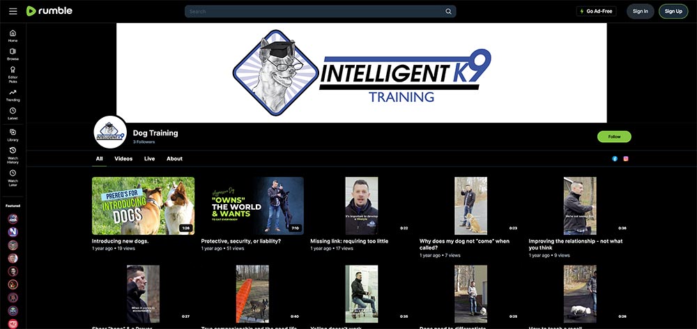 Dog Training - Rumble Dog Training video channel home page screenshot.