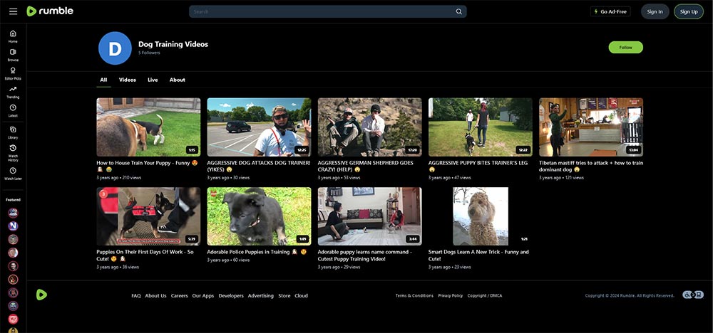 Dog Training Videos - Rumble Dog Training video channel home page screenshot.