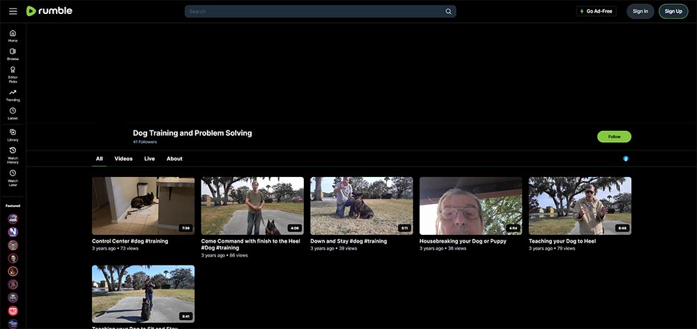 Dog Training and Problem Solving - Rumble Dog Training video channel home page screenshot.