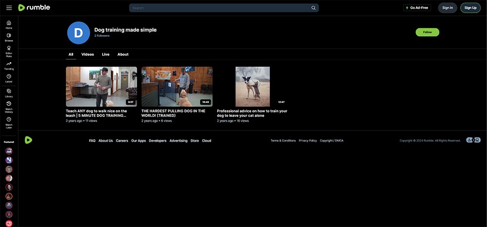 Dog training made simple - Rumble Dog Training video channel home page screenshot.