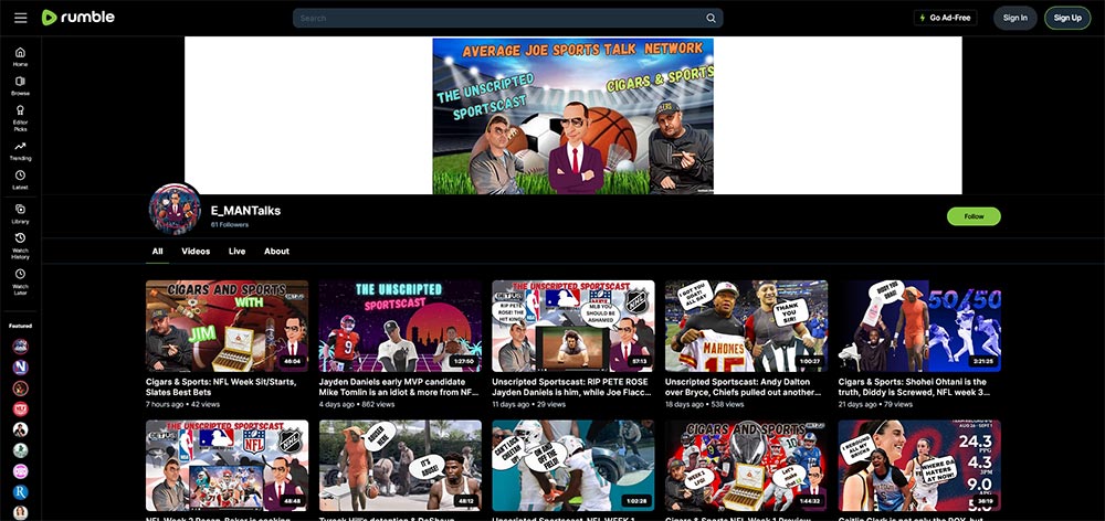 E_MANTalks - Rumble Sports Betting video channel home page screenshot.