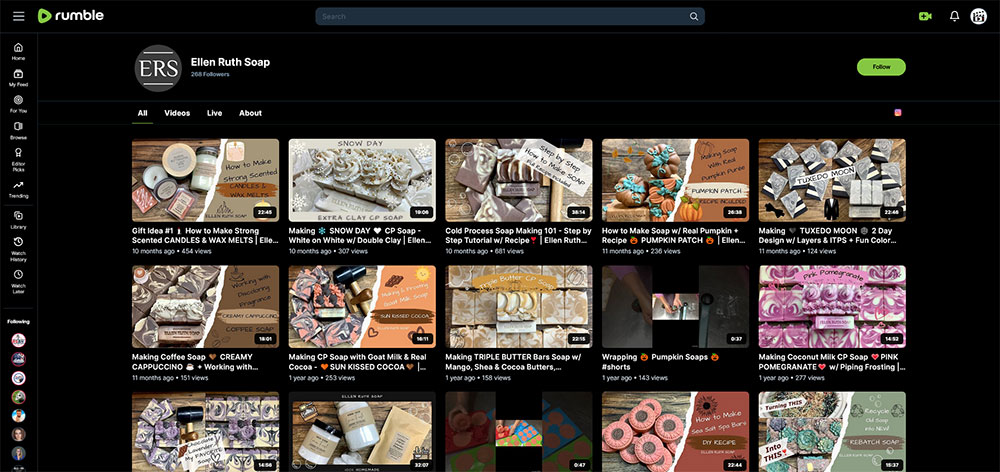 Ellen Ruth Soap - Soap making Rumble channel home page screenshot.