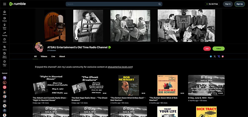 ATSAU Entertainment's Old Time Radio Channel - Rumble Old Time Radio video channel home page screenshot.