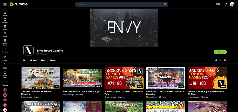 "Envy Board Gaming" Rumble Board Games video channel home page screenshot.