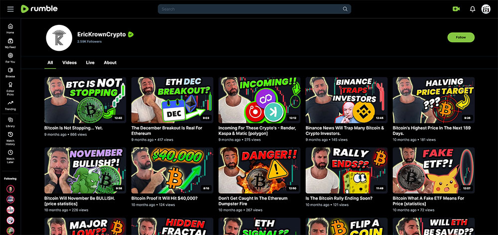 EricKrownCrypto - Rumble Cryptocurrency Bitcoin video channel home page screenshot.
