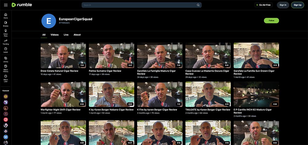 EuropeanCigarSquad - Rumble Cigar video channel home page screenshot.