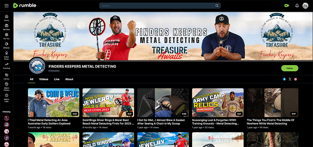 FINDERS KEEPERS METAL DETECTING - Rumble Metal Detecting channel home page screenshot.