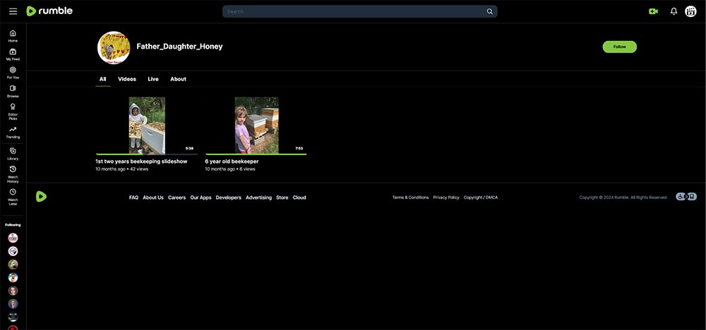 Father Daughter Honey - Beekeeping Rumble channel home page screenshot.