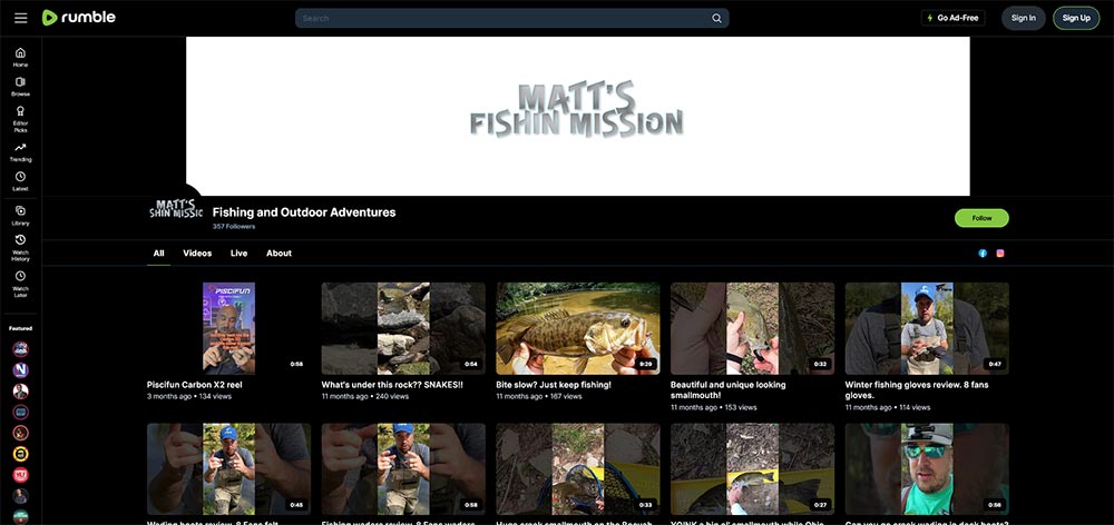 Fishing and Outdoor Adventures - Rumble Fishing video channel home page screenshot.
