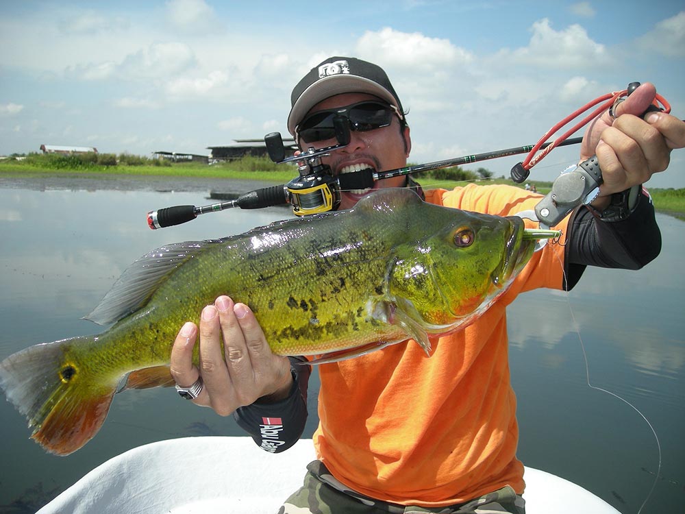 Fishing-man-holding-peacock-bass-casting-angler-fishing-in-boat