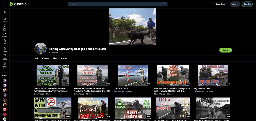 Fishing with Danny Bassgood and Little Man - Rumble Fishing video channel home page screenshot.