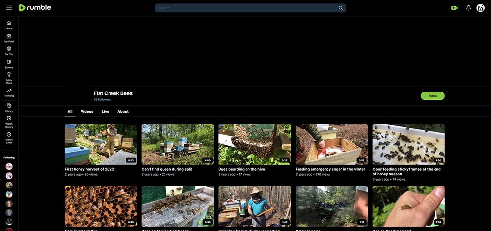 Flat Creek Bees - Beekeeping Rumble channel home page screenshot.
