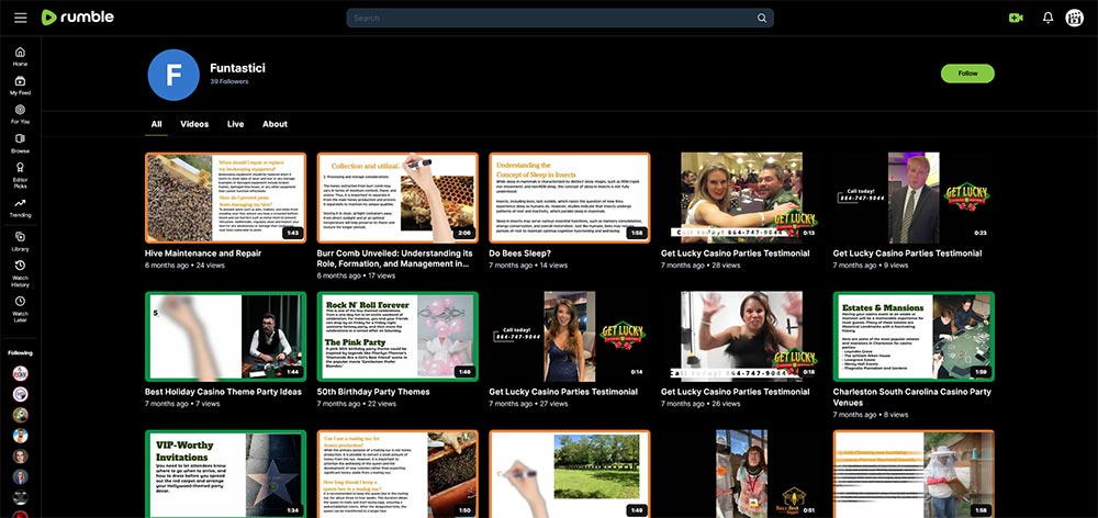 Funtastici - Beekeeping Rumble channel home page screenshot.