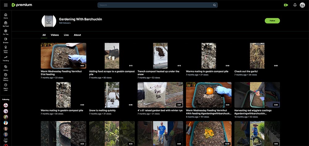 Gardening With Barchuckin - Rumble gardening channel home page screenshot.