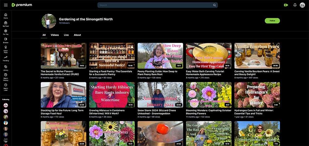 Gardening at the Simongetti North - Rumble gardening channel home page screenshot.