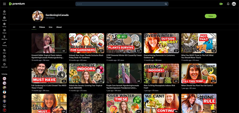 GardeninginCanada - Rumble gardening channel home page screenshot.