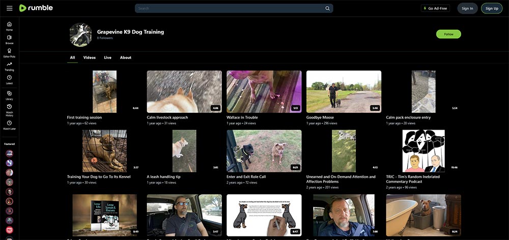 Grapevine K9 Dog Training - Rumble Dog Training video channel home page screenshot
