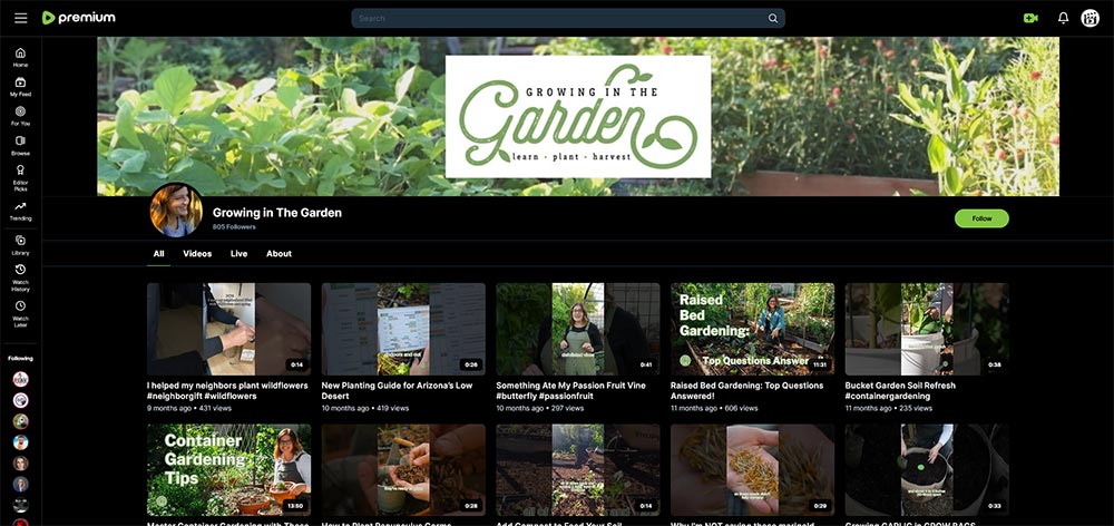 Growing in The Garden - Rumble gardening channel home page screenshot.