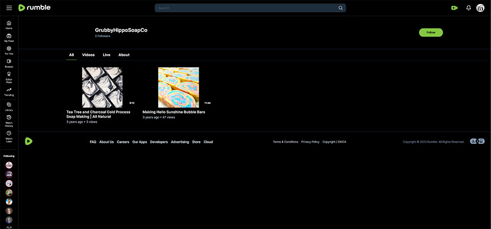 GrubbyHippoSoapCo - Soap making Rumble channel home page screenshot.