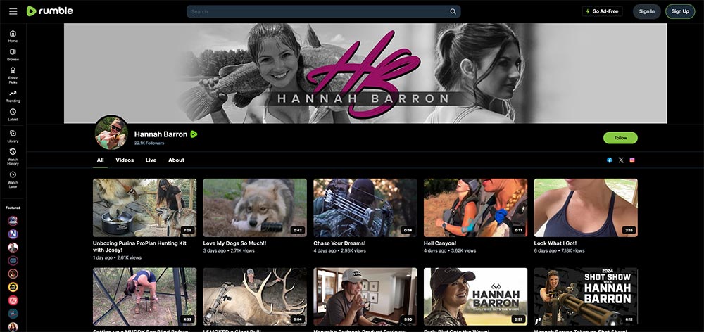 Hannah Barron - Rumble Fishing video channel home page screenshot