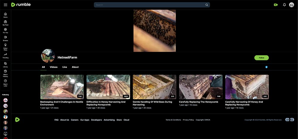 HetreeliFarm - Beekeeping  Rumble channel home page screenshot.