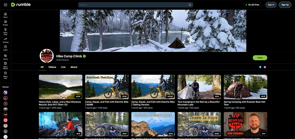 Hike Camp Climb - Rumble Camping video channel home page screenshot