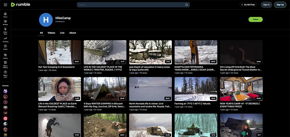 HikeCamp - Rumble Camping video channel home page screenshot