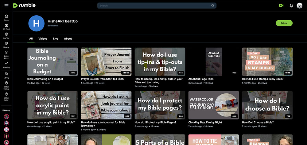 "HisheARTbeatCo" Rumble Junk Journaling video channel home page screenshot.