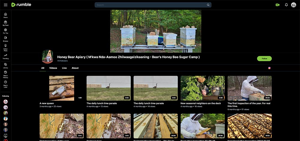Honey Bear Apiary (M’kwa Nda Aamoo Zhiiwaagaizikaaning-Bear's Honey Bee Sugar Camp) - Beekeeping Rumble channel home page screenshot.