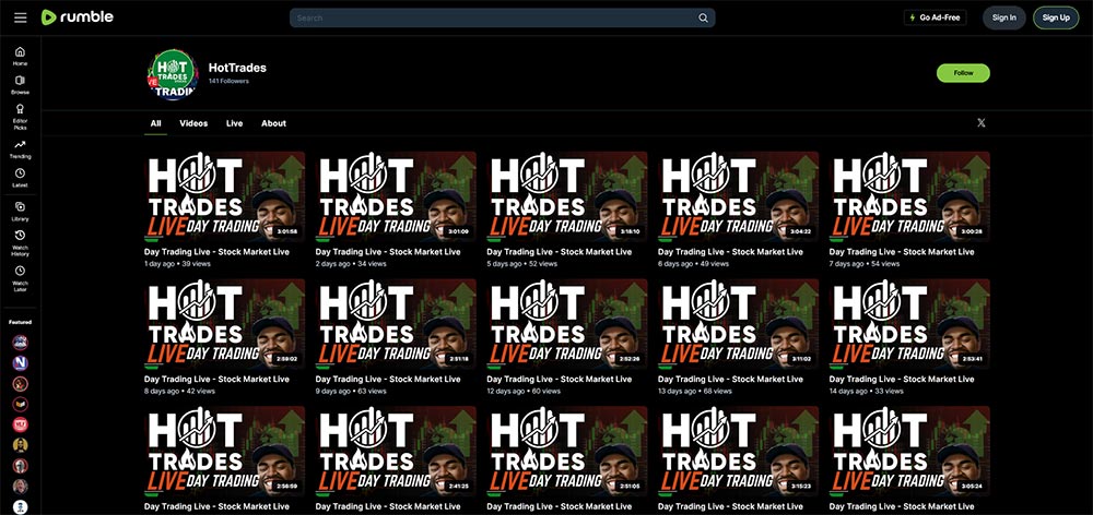HotTrades - Rumble Finance Investing video channel home page screenshot.