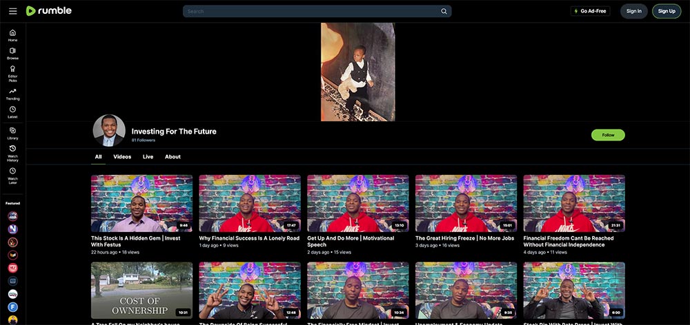 Investing For The Future - Rumble Finance Investing video channel home page screenshot.