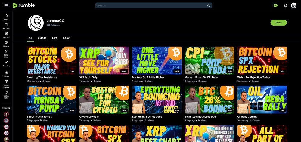 JammaCC - Rumble Cryptocurrency Bitcoin video channel home page screenshot.