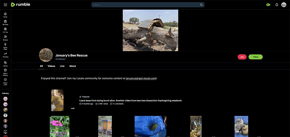 January's Bee Rescue - Beekeeping Rumble channel home page screenshot.