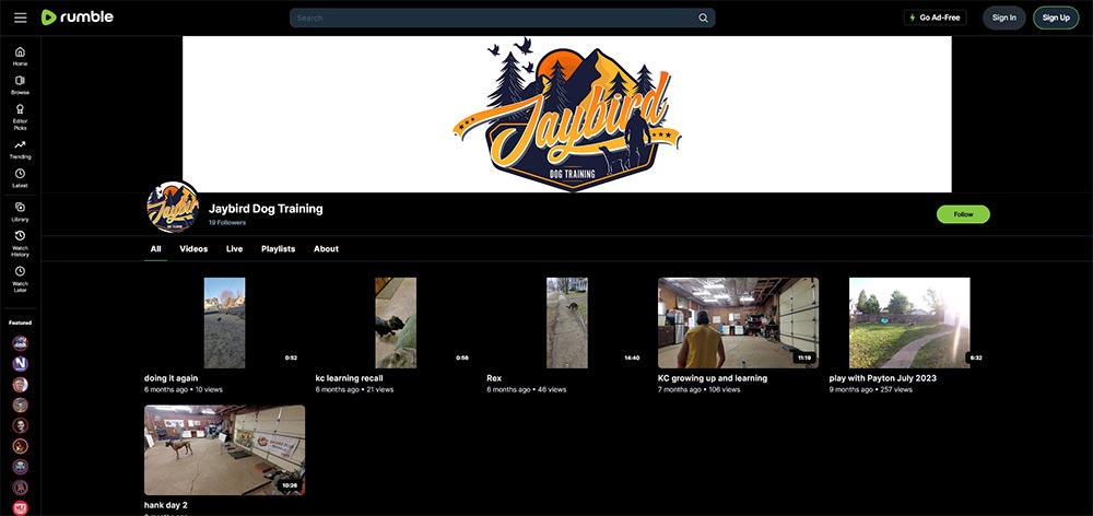 Jaybird Dog Training - Rumble Dog Training video channel home page screenshot.