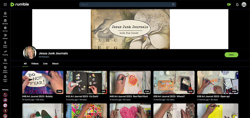 "Jesus Junk Journals" Rumble Junk Journaling video channel home page screenshot.