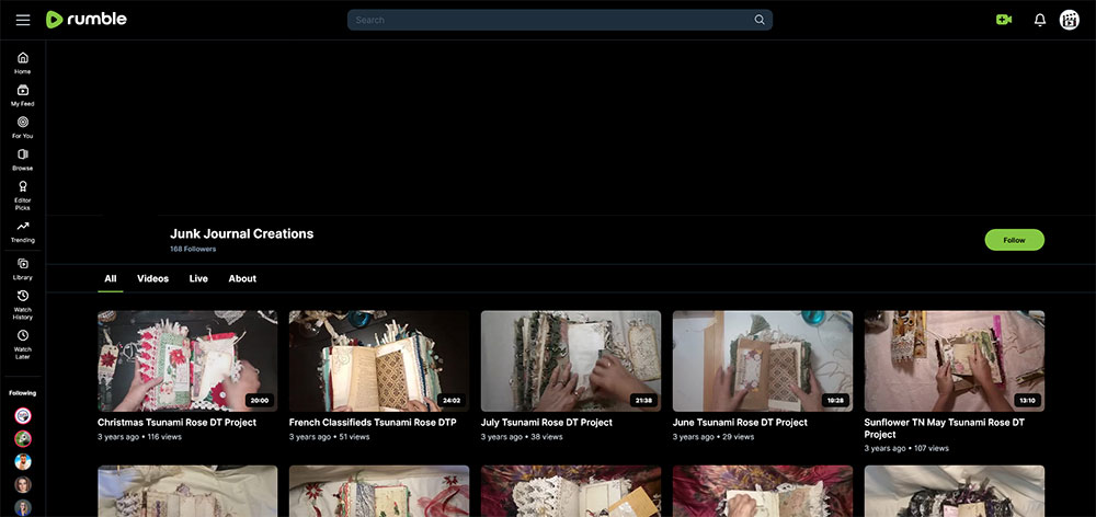 "Junk Journal Creations" Rumble Junk Journaling video channel home page screenshot.