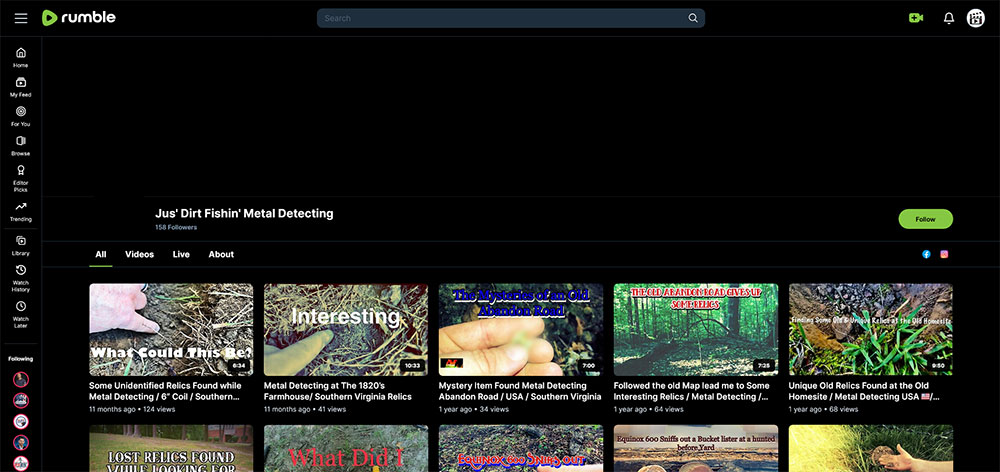 Jus' Dirt-Fishin' Metal Detecting - Rumble Metal Detecting video channel home page screenshot.