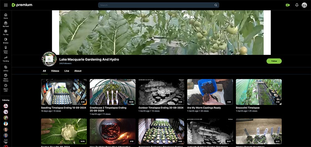 Lake Macquarie Gardening And Hydro - Rumble gardening channel home page screenshot.