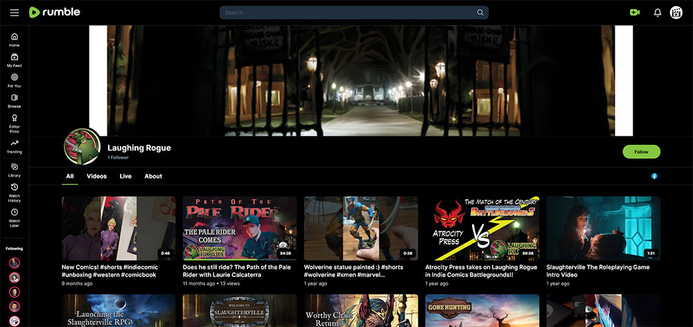 "Laughing Rogue" Rumble Board Games video channel home page screenshot.