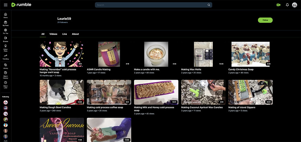 Laurie59 - Soap making Rumble channel home page screenshot.