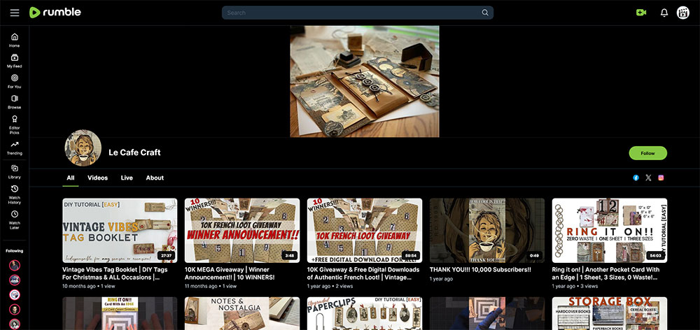"Le Cafe Craft" Rumble Junk Journaling video channel home page screenshot.