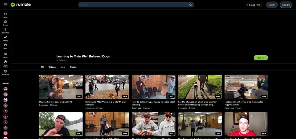 Learning to Train Well Behaved Dogs - Rumble Dog Training video channel home page screenshot.